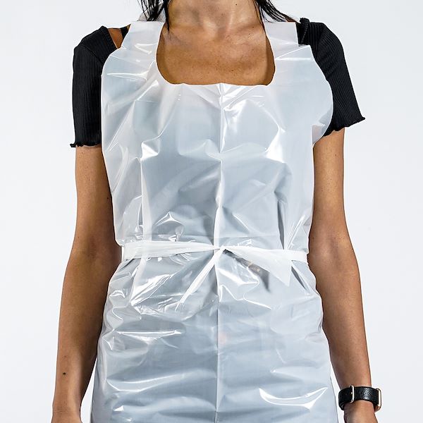 Disposable aprons made of white polyethylene