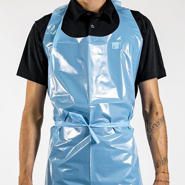Disposable aprons made of blue polyethylene