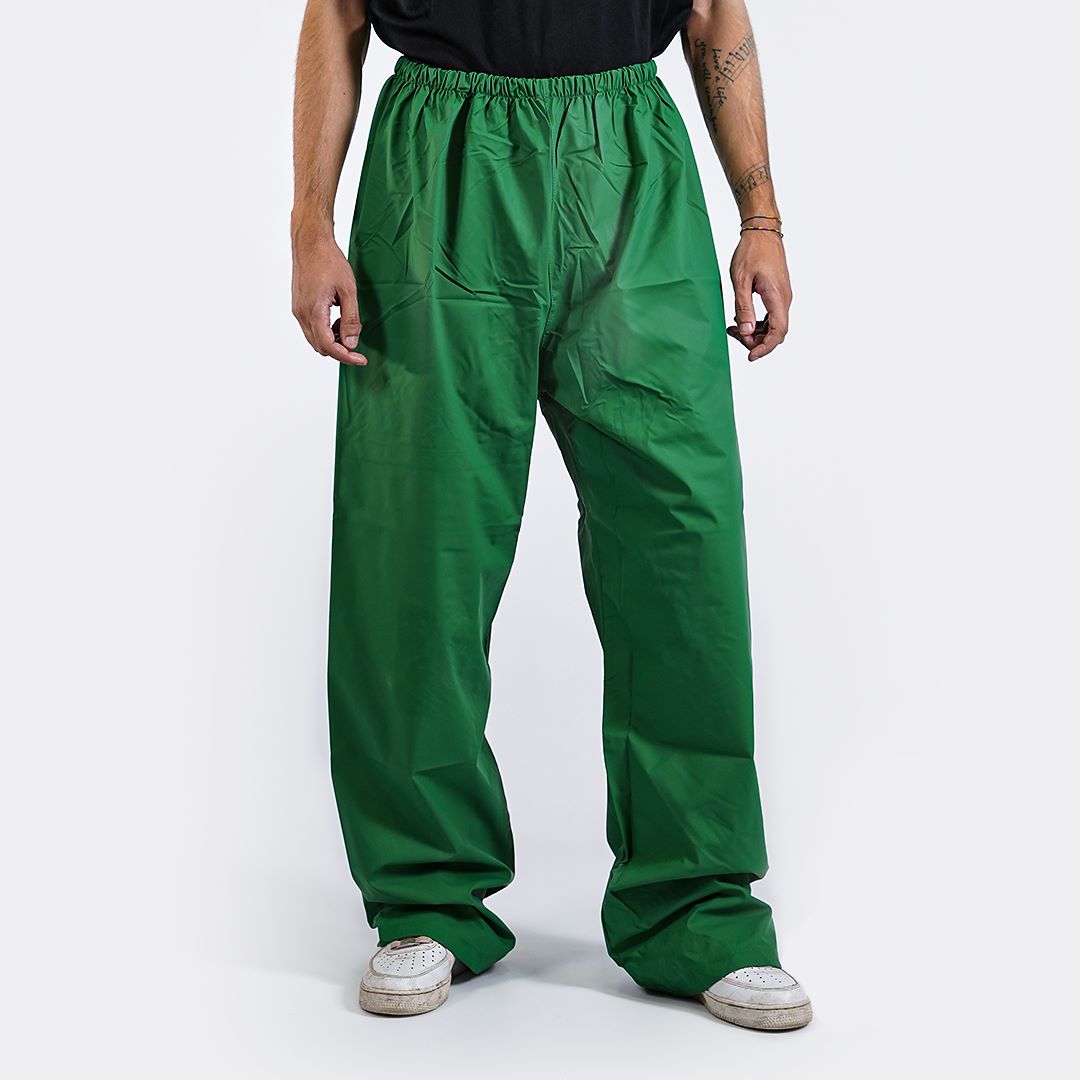 Trousers made of green polyurethane tissue