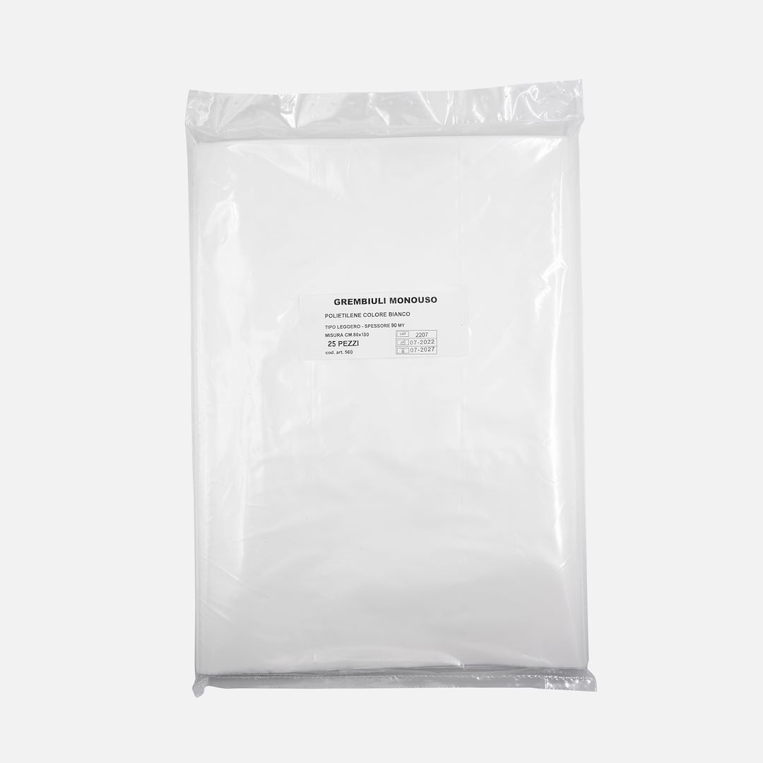 Disposable aprons made of white polyethylene